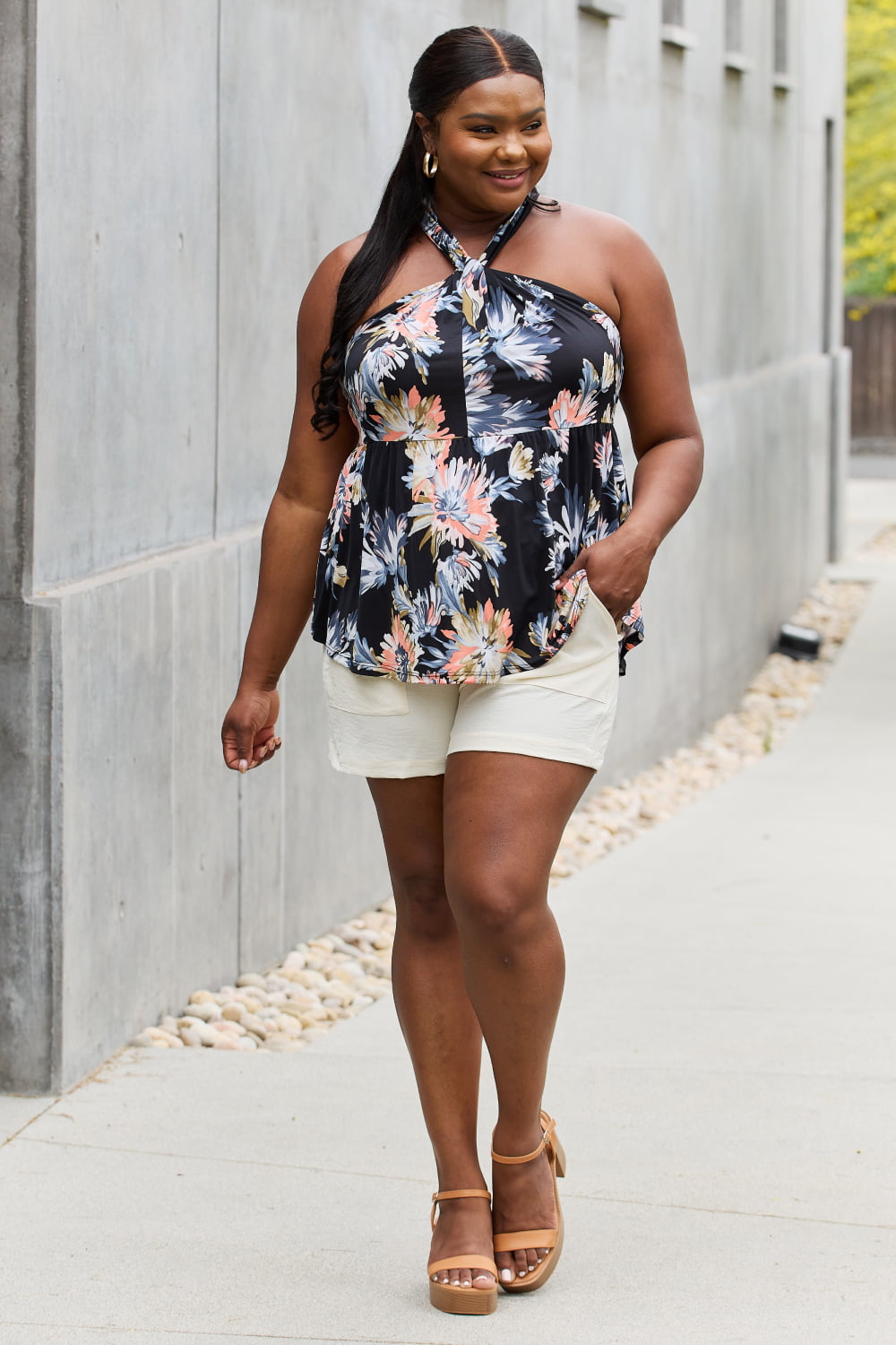 Be Stage Full Size Floral Halter Top in Black-Pimamour