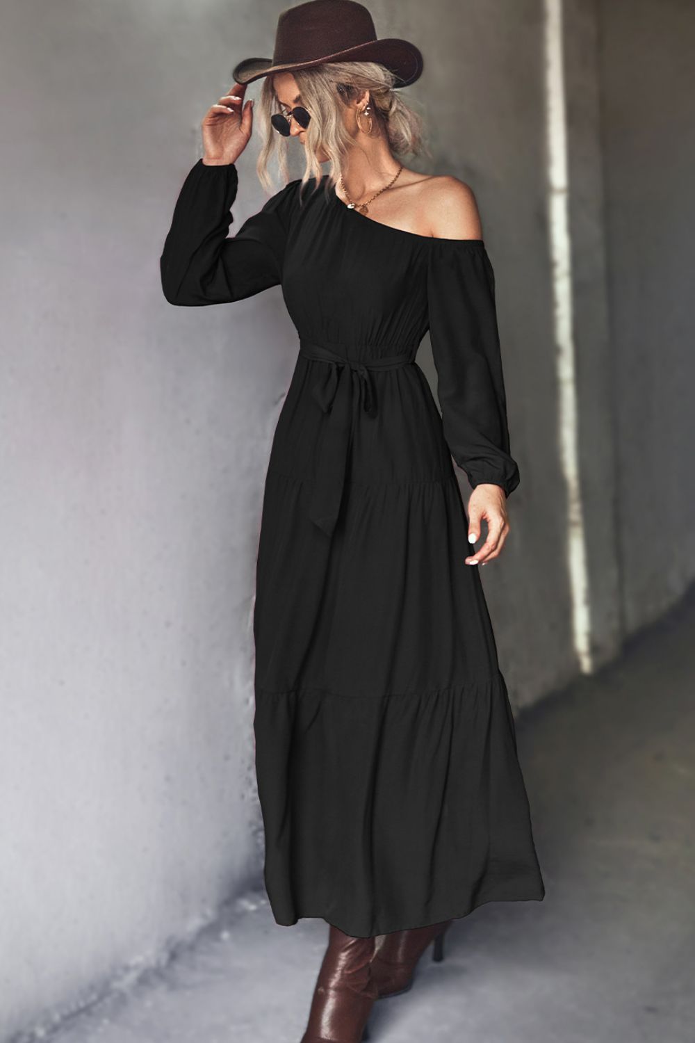 Belted One-Shoulder Tiered Maxi Dress-Pimamour