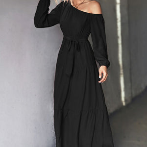 Belted One-Shoulder Tiered Maxi Dress-Pimamour