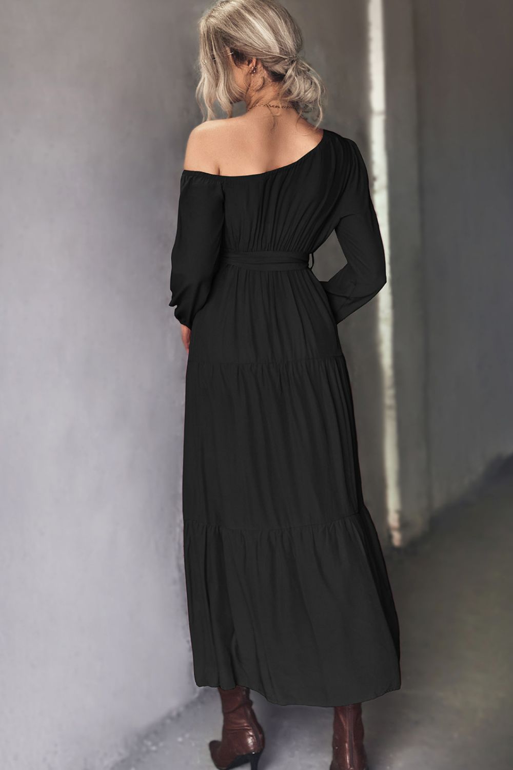 Belted One-Shoulder Tiered Maxi Dress-Pimamour