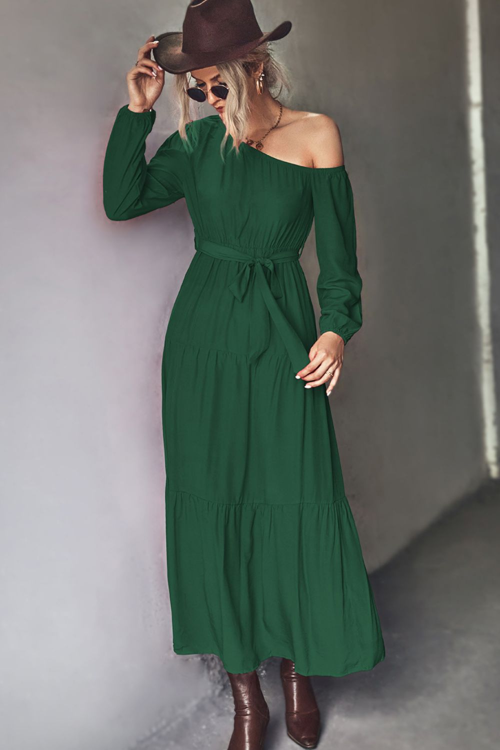 Belted One-Shoulder Tiered Maxi Dress-Pimamour