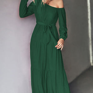 Belted One-Shoulder Tiered Maxi Dress-Pimamour