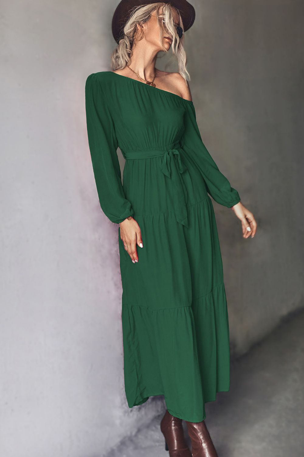 Belted One-Shoulder Tiered Maxi Dress-Pimamour