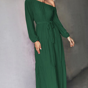 Belted One-Shoulder Tiered Maxi Dress-Pimamour