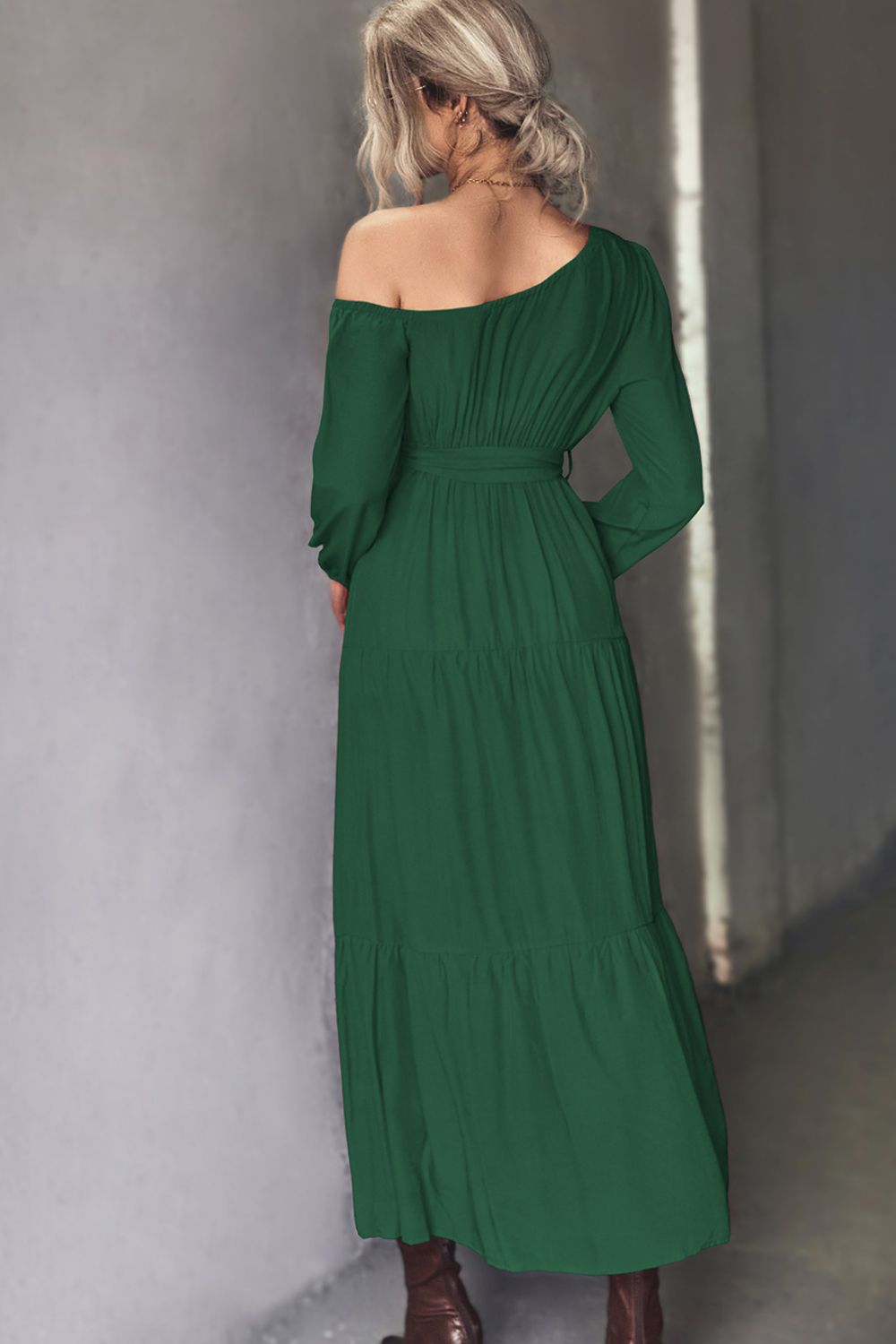 Belted One-Shoulder Tiered Maxi Dress-Pimamour