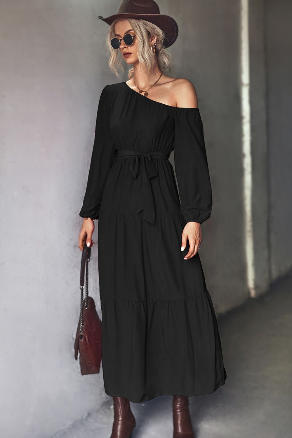 Belted One-Shoulder Tiered Maxi Dress-Pimamour