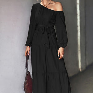 Belted One-Shoulder Tiered Maxi Dress-Pimamour