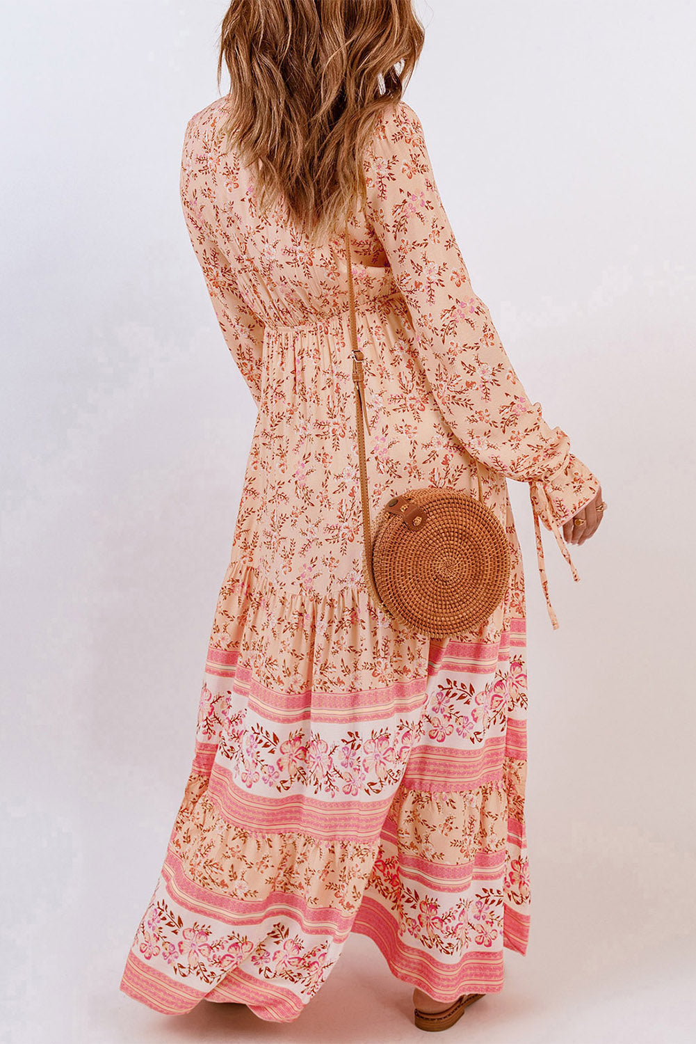 Bohemian Lace-Up Long Sleeve Maxi Dress-Pimamour