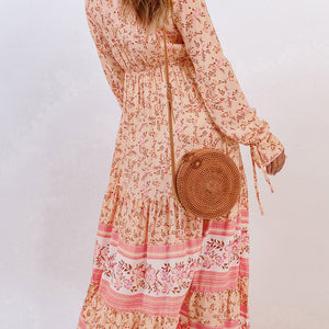 Bohemian Lace-Up Long Sleeve Maxi Dress-Pimamour