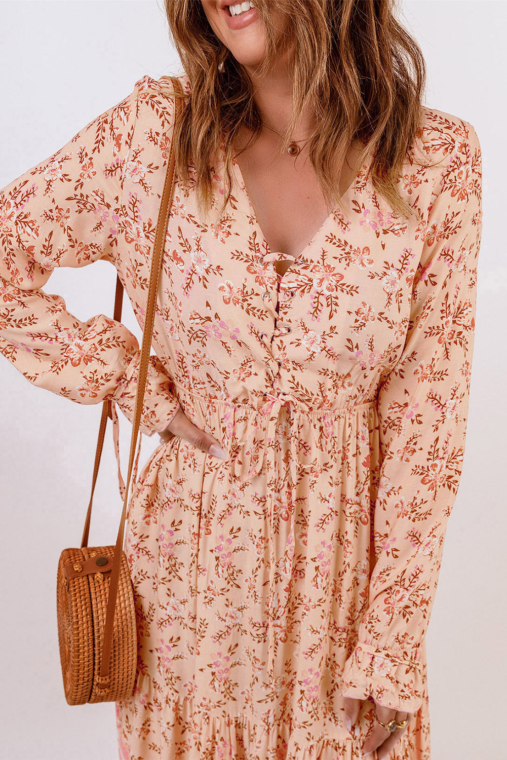 Bohemian Lace-Up Long Sleeve Maxi Dress-Pimamour