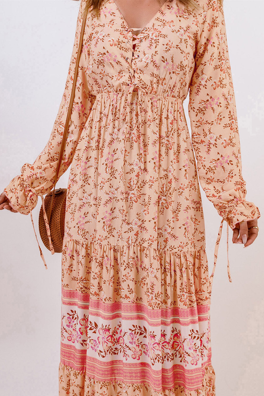 Bohemian Lace-Up Long Sleeve Maxi Dress-Pimamour