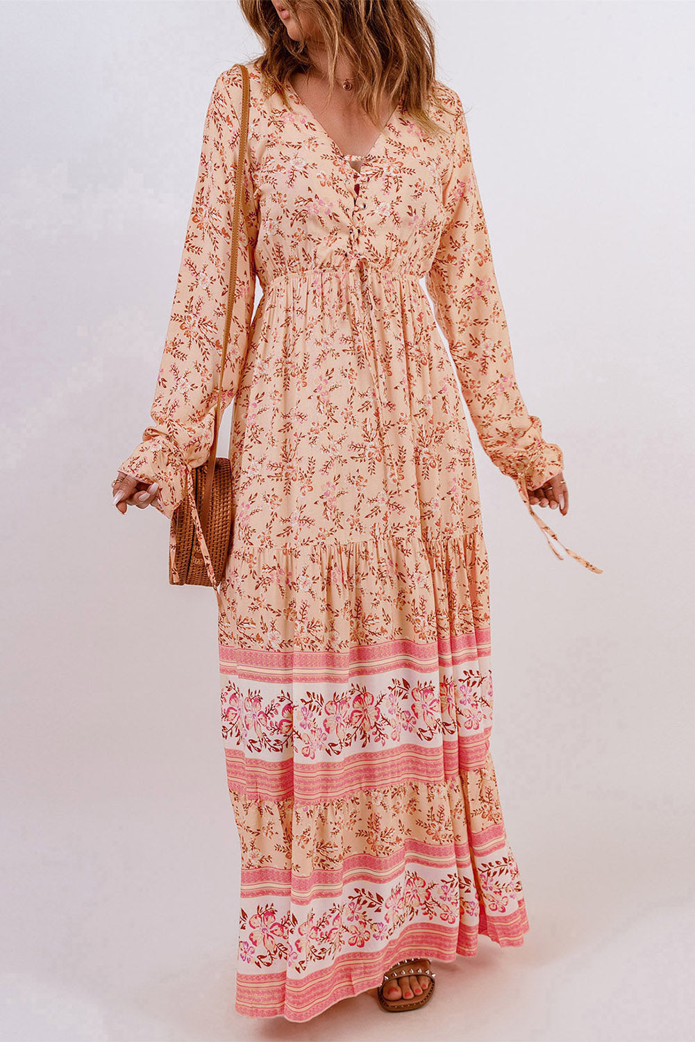 Bohemian Lace-Up Long Sleeve Maxi Dress-Pimamour