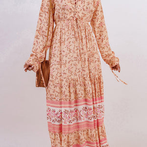 Bohemian Lace-Up Long Sleeve Maxi Dress-Pimamour