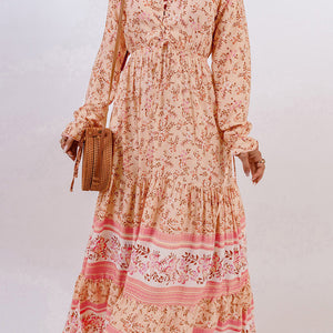 Bohemian Lace-Up Long Sleeve Maxi Dress-Pimamour