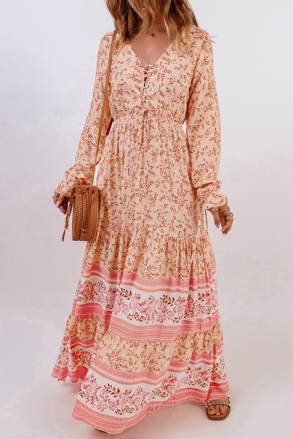 Bohemian Lace-Up Long Sleeve Maxi Dress-Pimamour