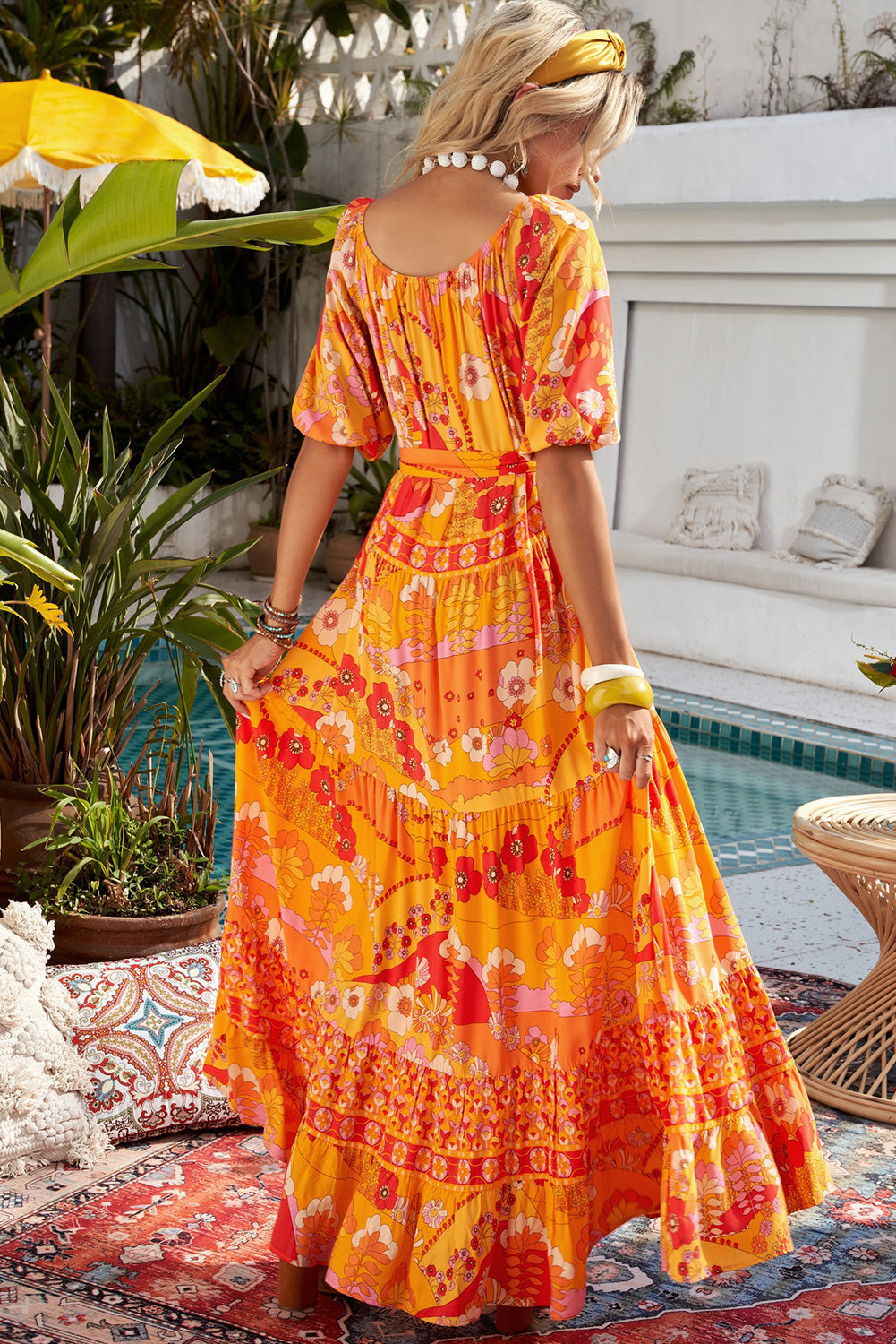 Bohemian Tie-Waist Tiered Maxi Dress-Pimamour