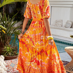 Bohemian Tie-Waist Tiered Maxi Dress-Pimamour