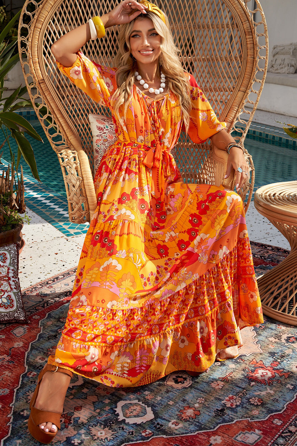 Bohemian Tie-Waist Tiered Maxi Dress-Pimamour