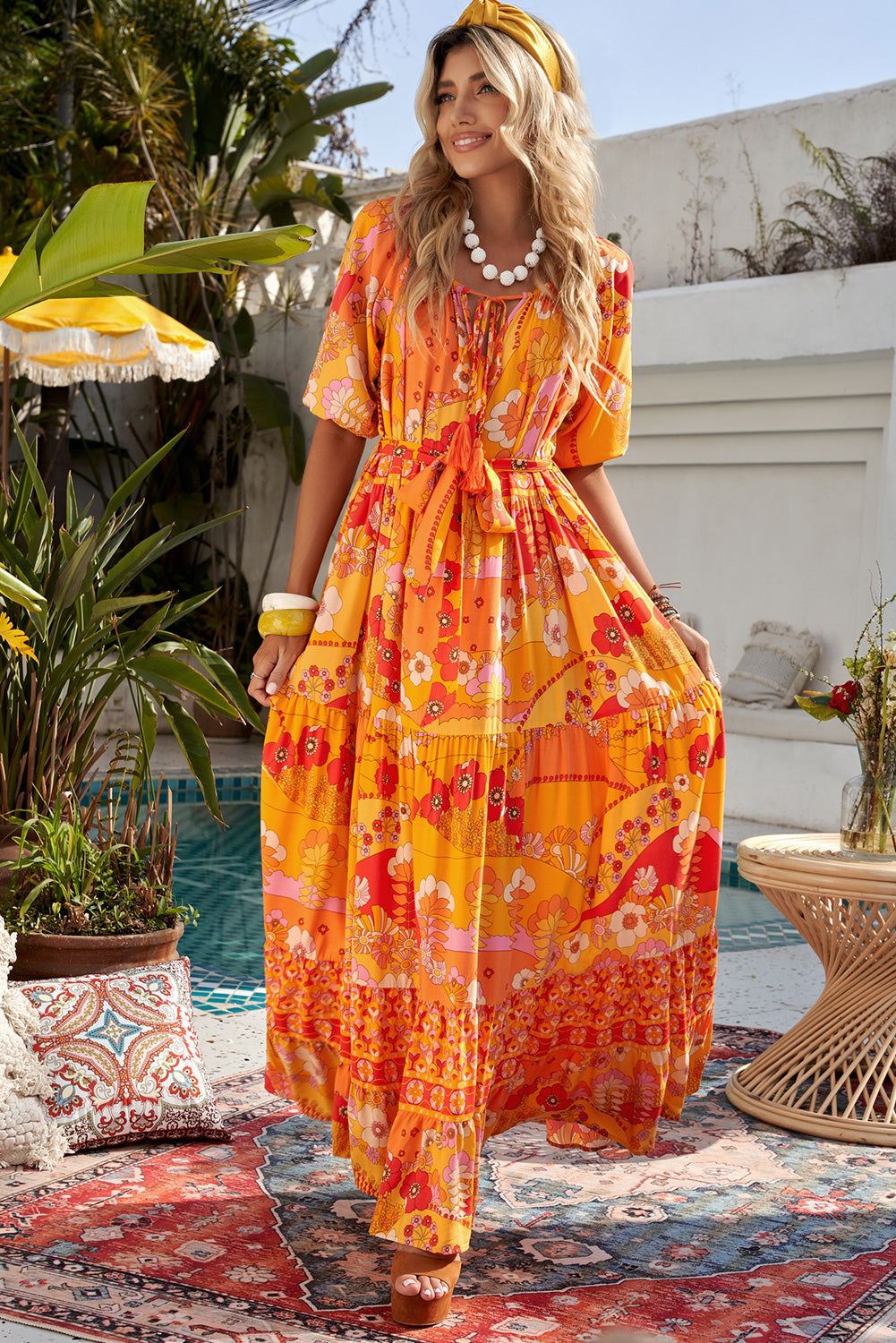 Bohemian Tie-Waist Tiered Maxi Dress-Pimamour