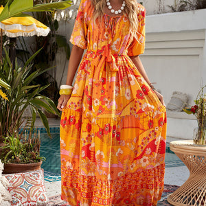 Bohemian Tie-Waist Tiered Maxi Dress-Pimamour