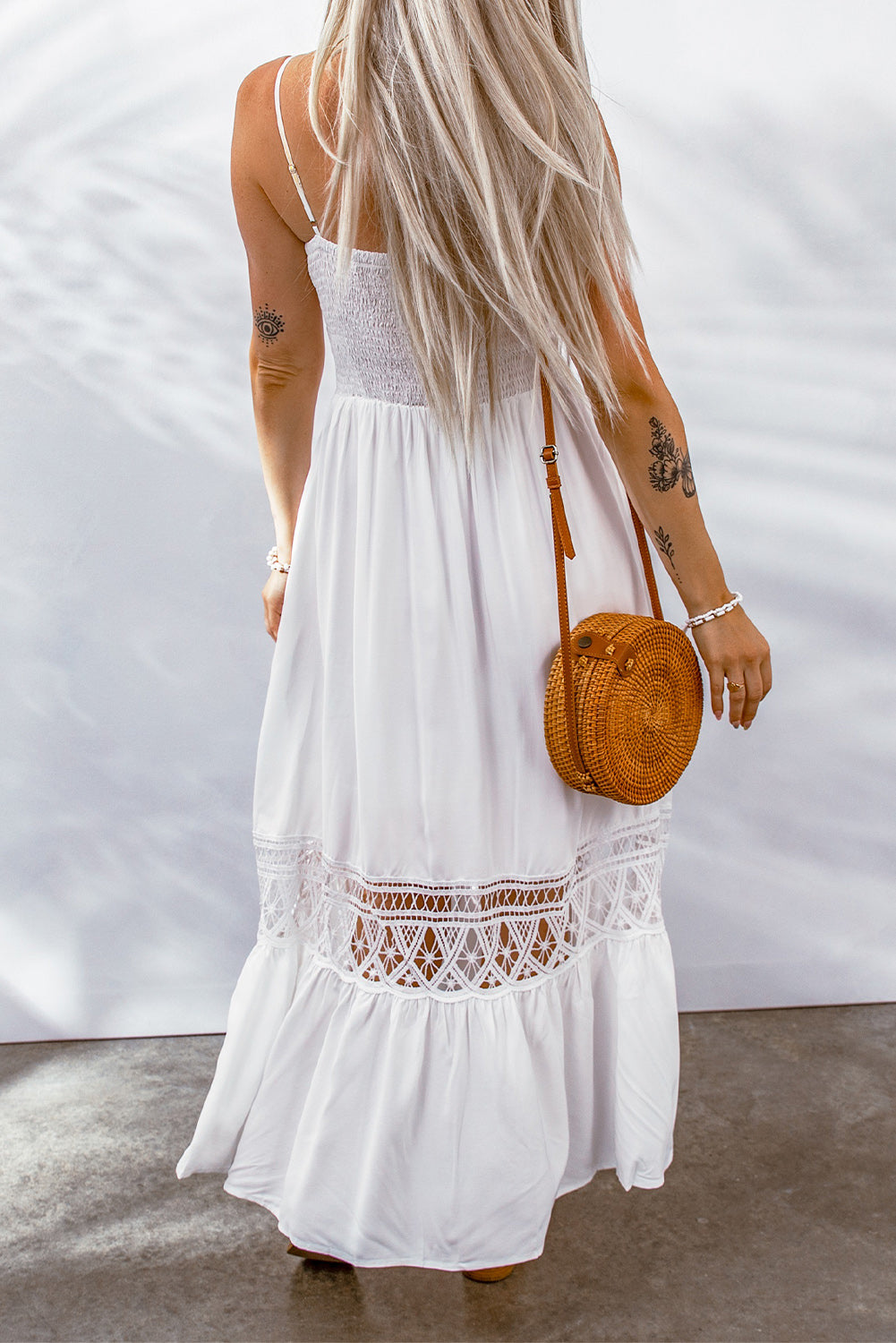 Buttoned Spliced Lace Spaghetti Strap Maxi Dress-Pimamour