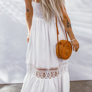 Buttoned Spliced Lace Spaghetti Strap Maxi Dress-Pimamour