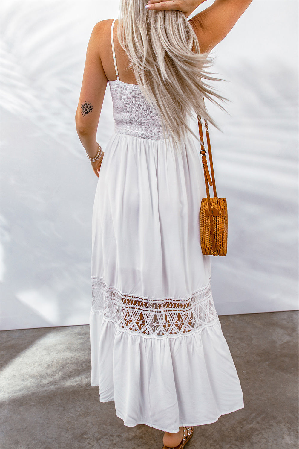 Buttoned Spliced Lace Spaghetti Strap Maxi Dress-Pimamour