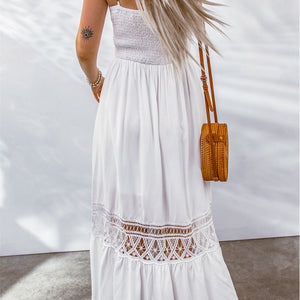 Buttoned Spliced Lace Spaghetti Strap Maxi Dress-Pimamour