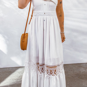 Buttoned Spliced Lace Spaghetti Strap Maxi Dress-Pimamour