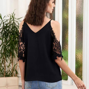 Cold-Shoulder V-Neck Spliced Lace Blouse-Pimamour