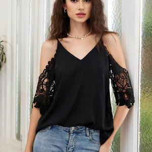 Cold-Shoulder V-Neck Spliced Lace Blouse-Pimamour