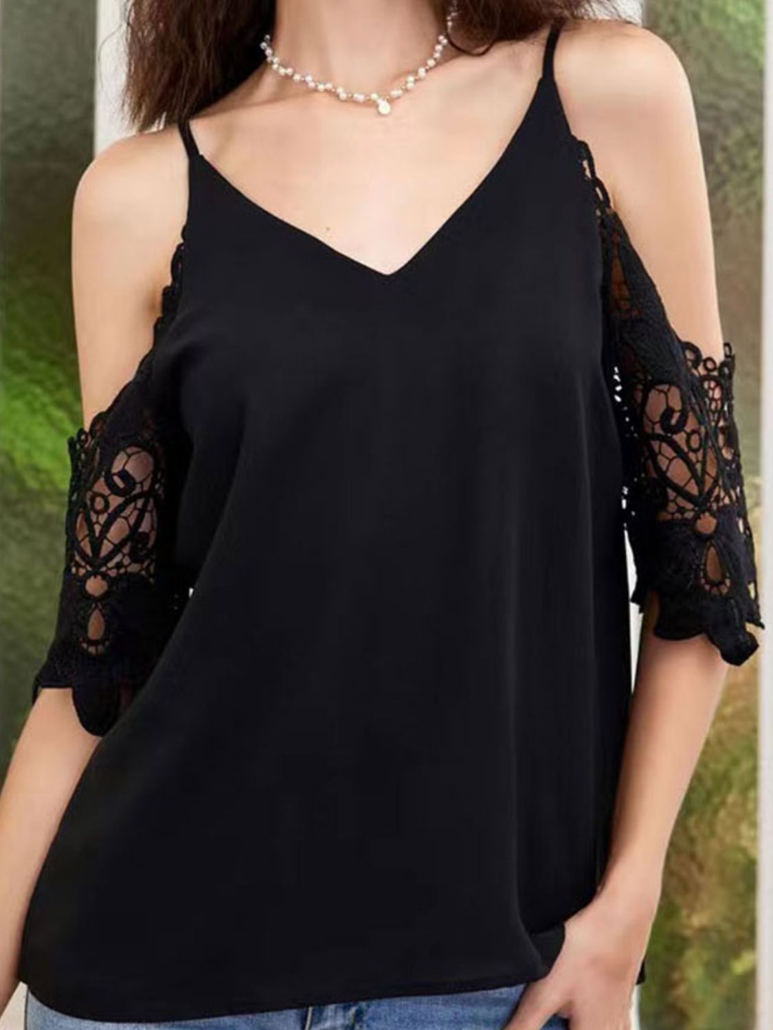 Cold-Shoulder V-Neck Spliced Lace Blouse-Pimamour