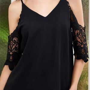 Cold-Shoulder V-Neck Spliced Lace Blouse-Pimamour