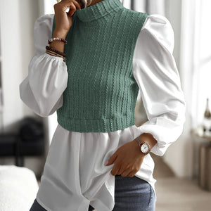 Contrast Cable-Knit Mock Neck Top-Pimamour