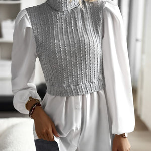 Contrast Cable-Knit Mock Neck Top-Pimamour