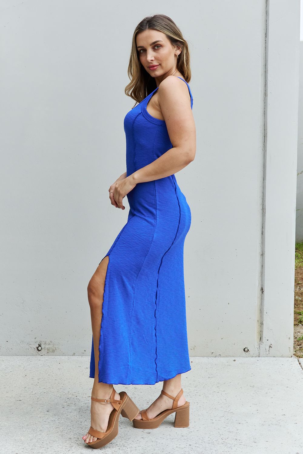 Culture Code Look At Me Full Size Notch Neck Maxi Dress with Slit in Cobalt Blue-Pimamour