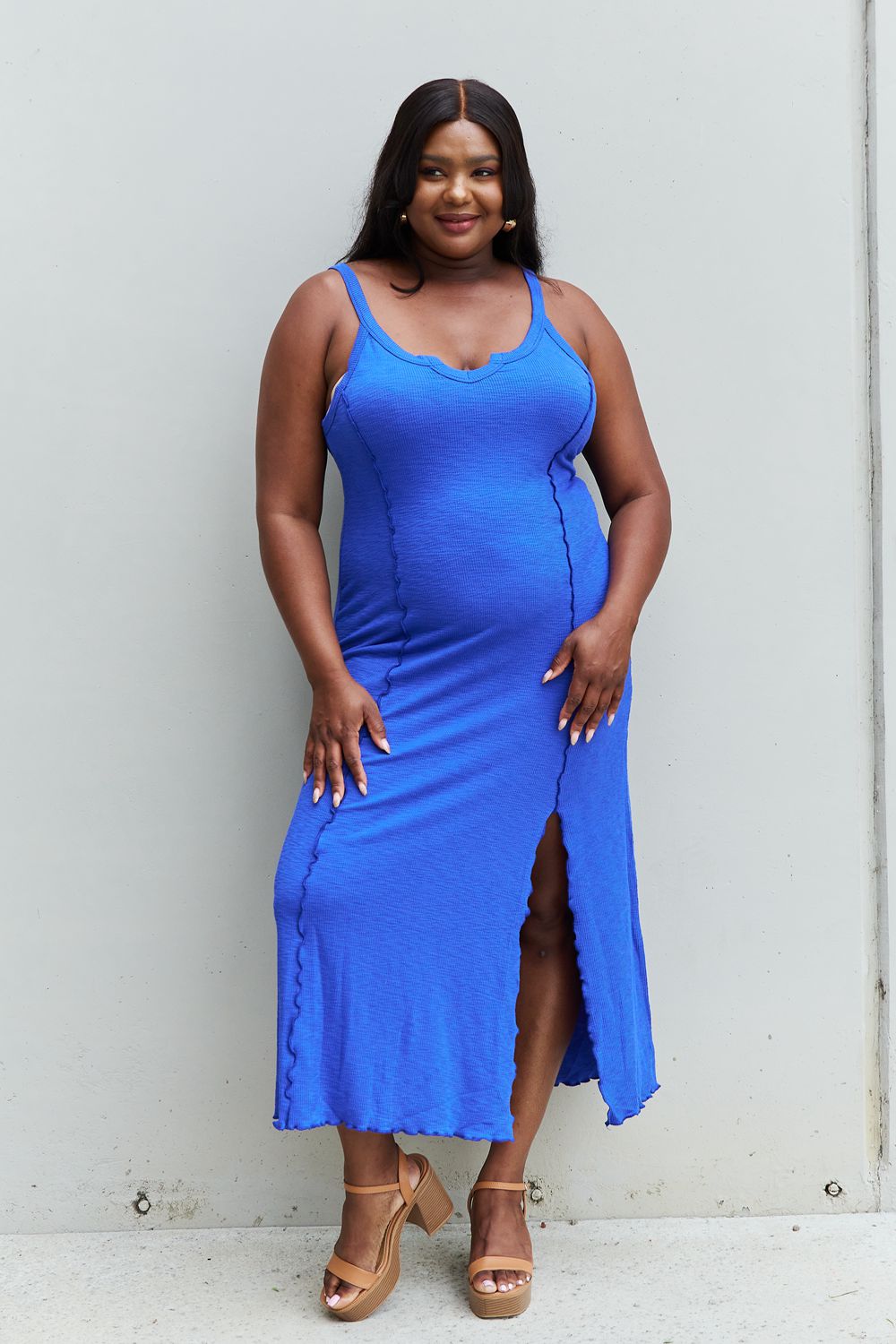 Culture Code Look At Me Full Size Notch Neck Maxi Dress with Slit in Cobalt Blue-Pimamour