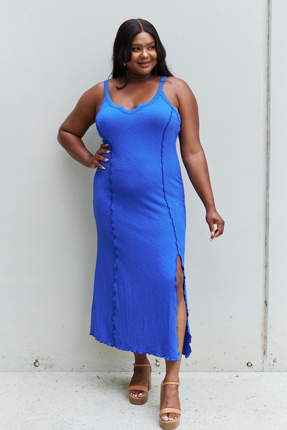 Culture Code Look At Me Full Size Notch Neck Maxi Dress with Slit in Cobalt Blue-Pimamour