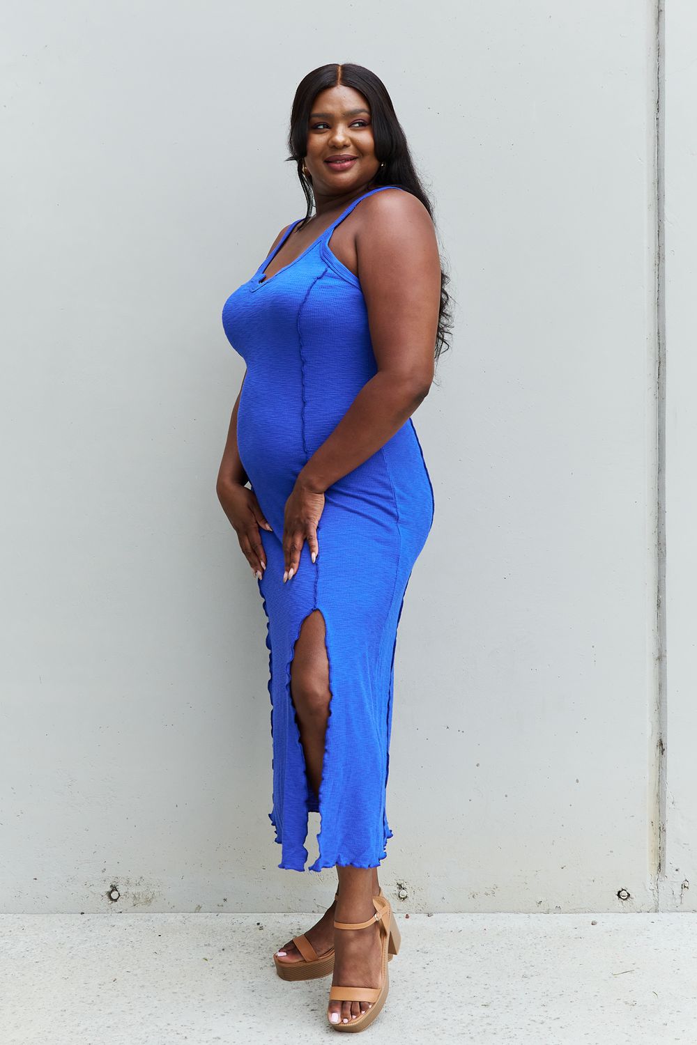 Culture Code Look At Me Full Size Notch Neck Maxi Dress with Slit in Cobalt Blue-Pimamour