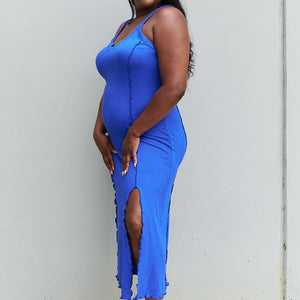 Culture Code Look At Me Full Size Notch Neck Maxi Dress with Slit in Cobalt Blue-Pimamour