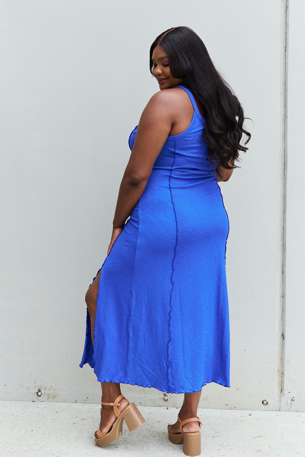 Culture Code Look At Me Full Size Notch Neck Maxi Dress with Slit in Cobalt Blue-Pimamour