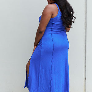 Culture Code Look At Me Full Size Notch Neck Maxi Dress with Slit in Cobalt Blue-Pimamour