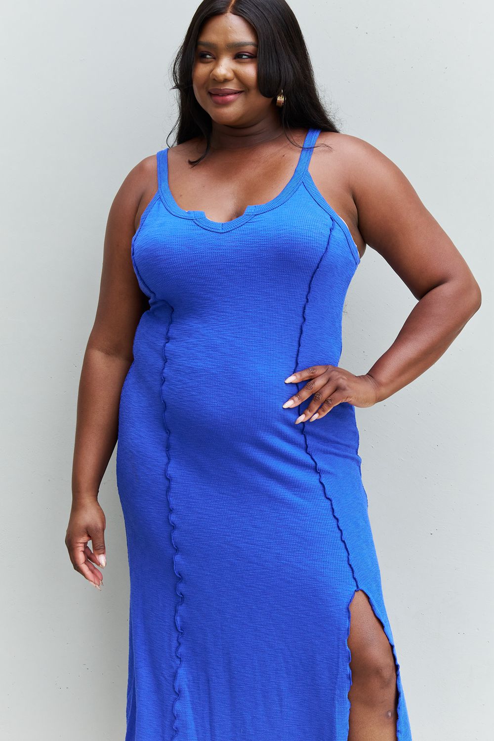 Culture Code Look At Me Full Size Notch Neck Maxi Dress with Slit in Cobalt Blue-Pimamour