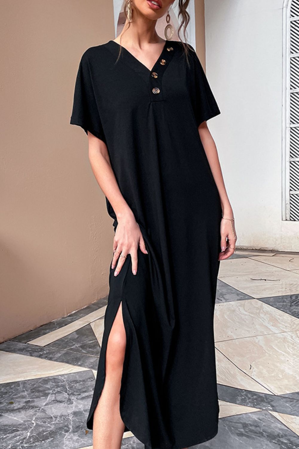 Decorative Button V-Neck Slit Maxi Dress-Pimamour