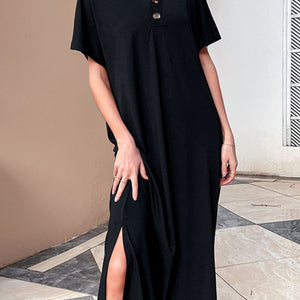 Decorative Button V-Neck Slit Maxi Dress-Pimamour