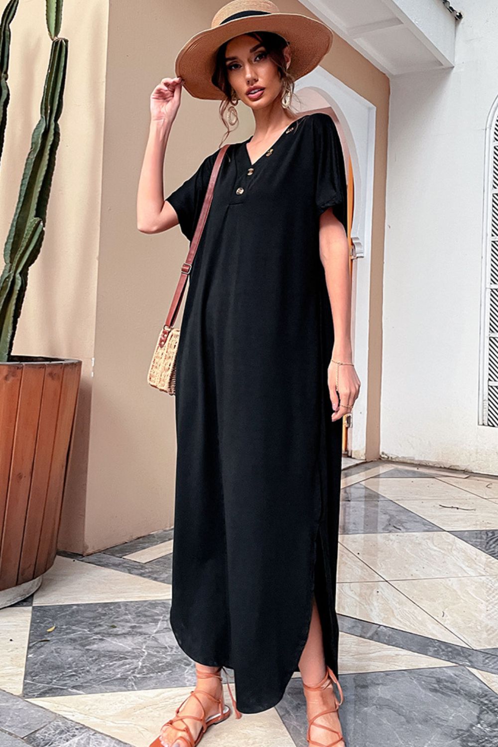 Decorative Button V-Neck Slit Maxi Dress-Pimamour