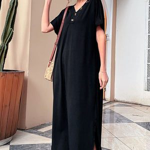 Decorative Button V-Neck Slit Maxi Dress-Pimamour