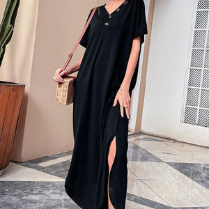 Decorative Button V-Neck Slit Maxi Dress-Pimamour