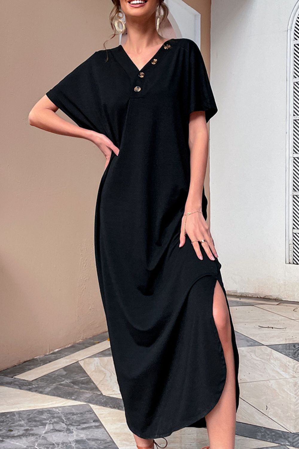 Decorative Button V-Neck Slit Maxi Dress-Pimamour