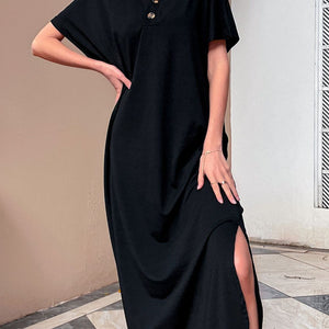 Decorative Button V-Neck Slit Maxi Dress-Pimamour